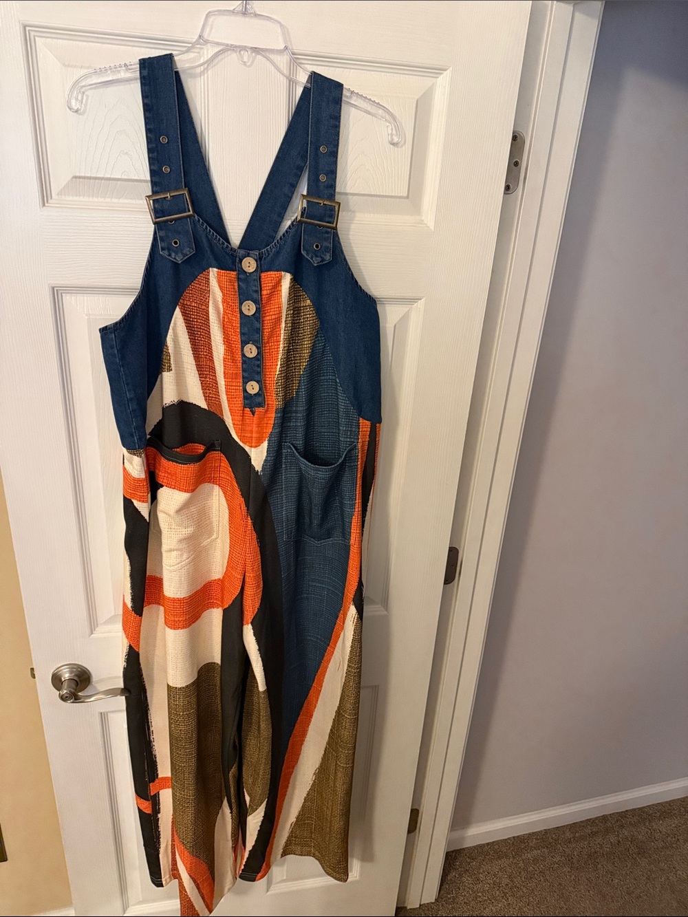 Kids Denim-Strap One-Piece Jumper in Blue & Orange